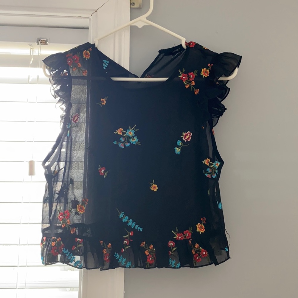 Black see-through crop top with multicolor flowers